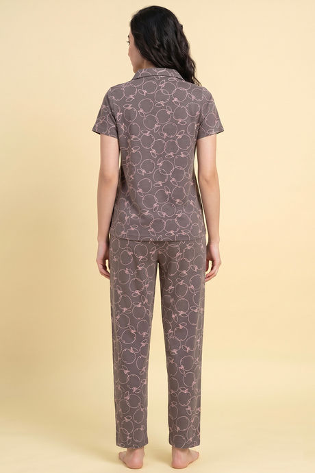 Zivame Apple Print Knit Cotton Pyjama Set - Dark Gull Gray — image 3
